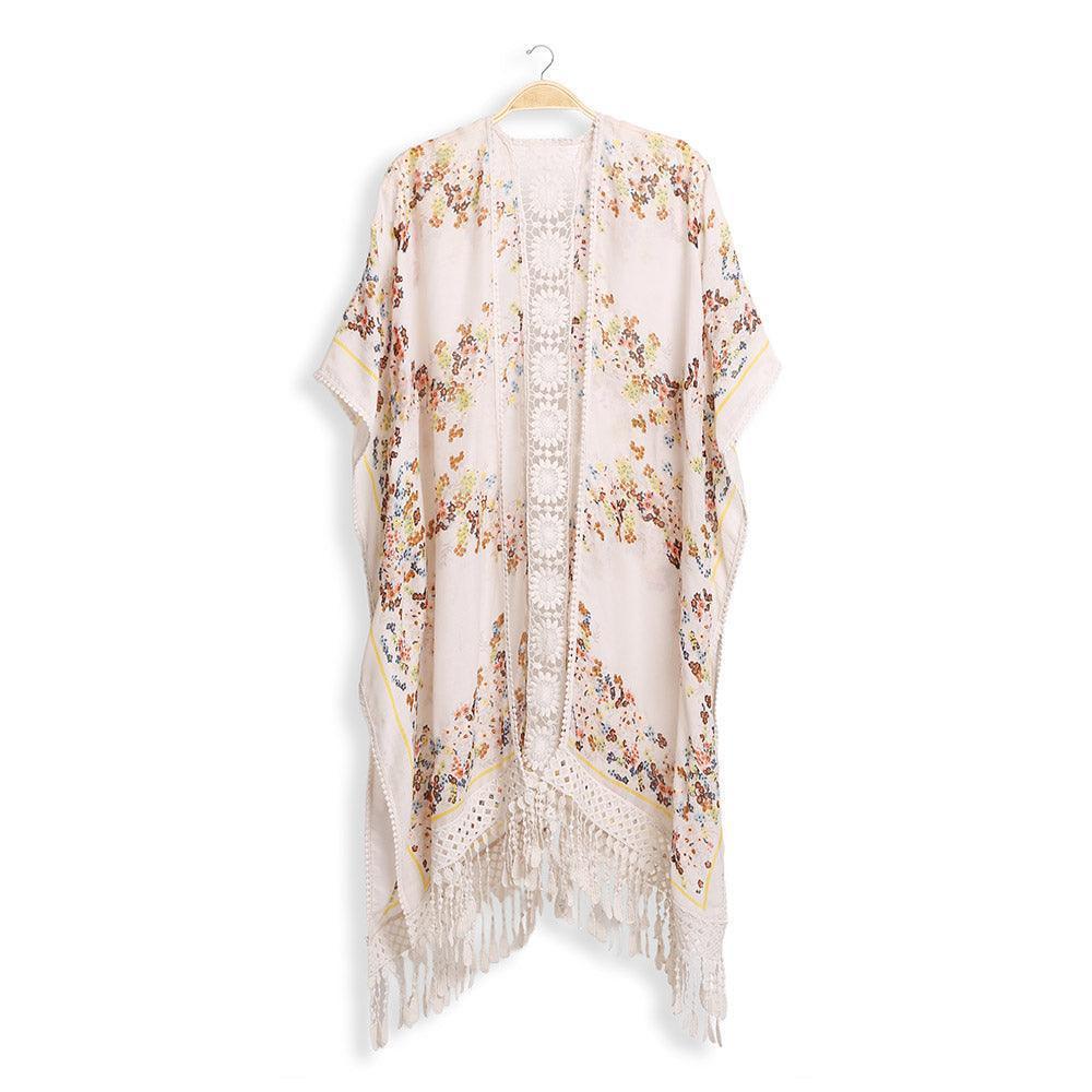 White Floral Printed Cover Up Kimono Poncho With Tassels - Jewelry Store by Erik Rayo