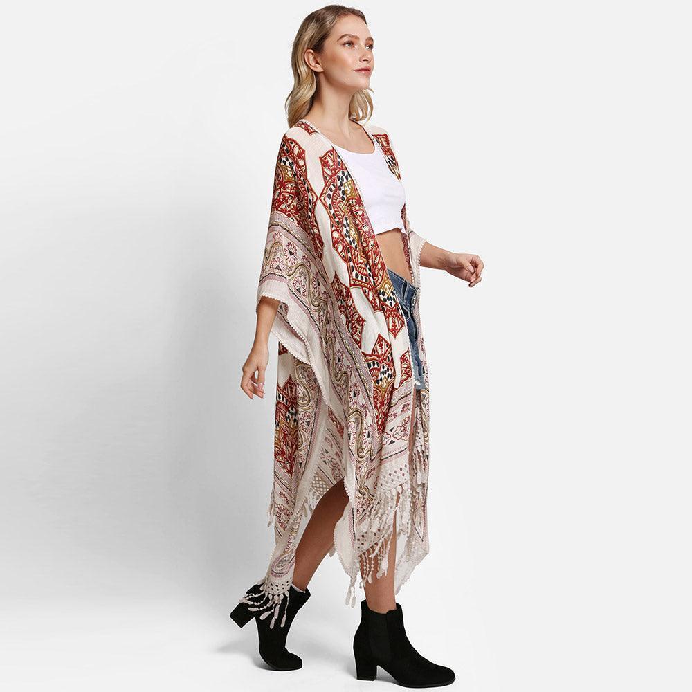 Beige Mandala Cover Up With Tassels - Jewelry Store by Erik Rayo