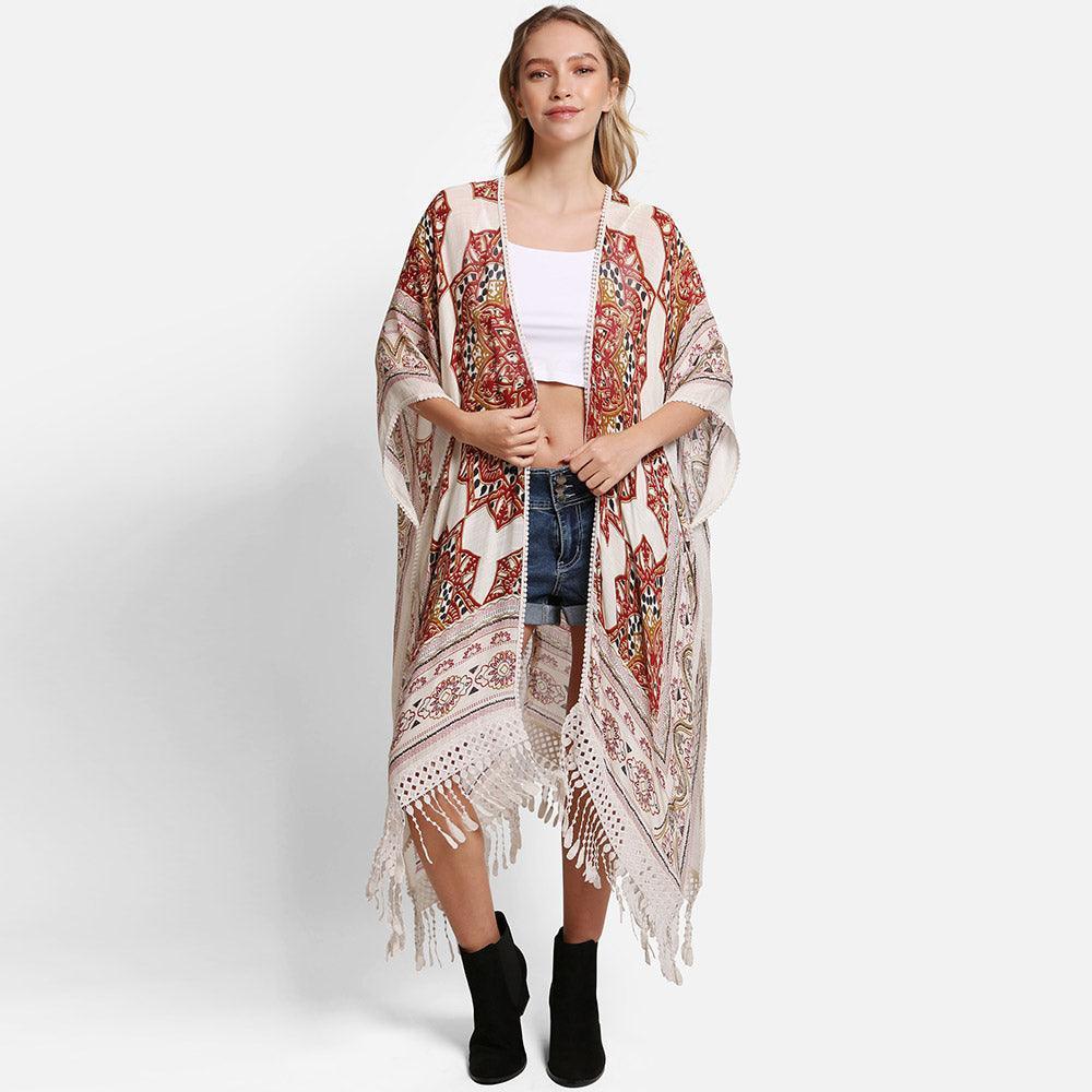 Beige Mandala Cover Up With Tassels - Jewelry Store by Erik Rayo