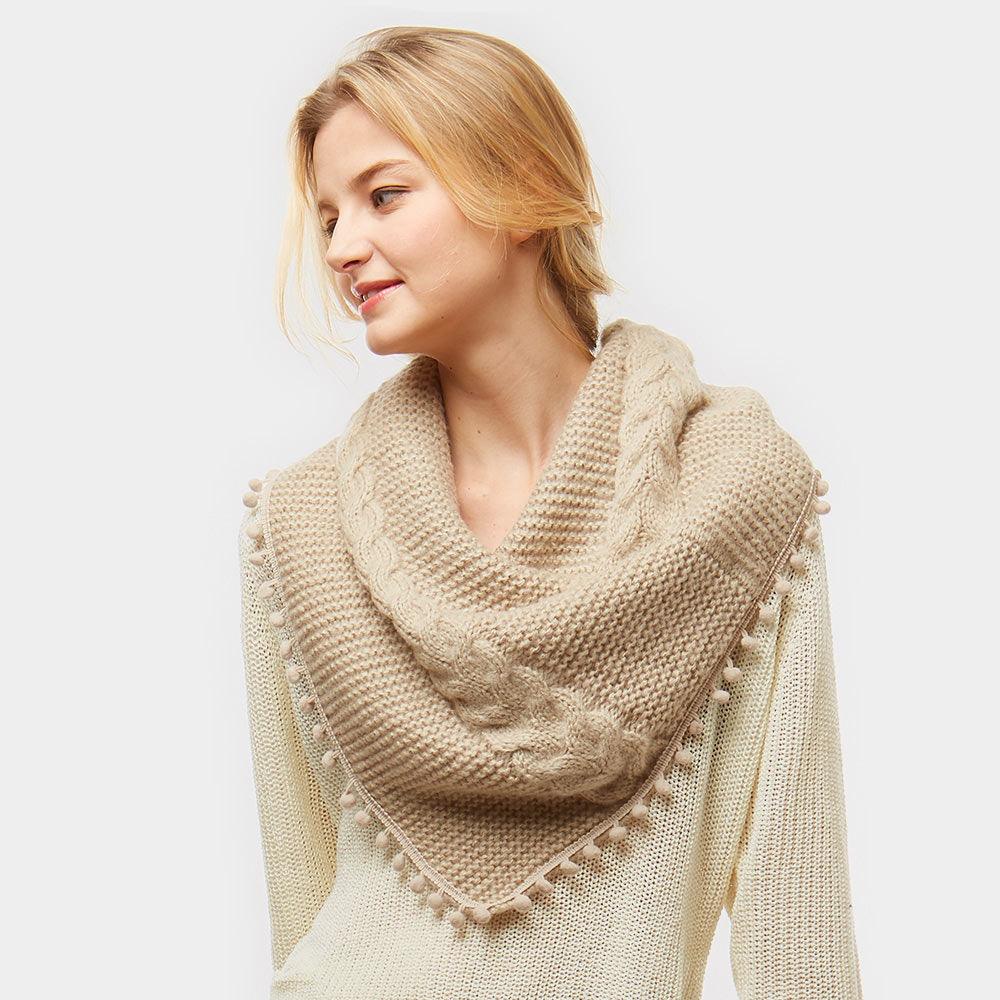 Beige Pom Pom Tube Scarf