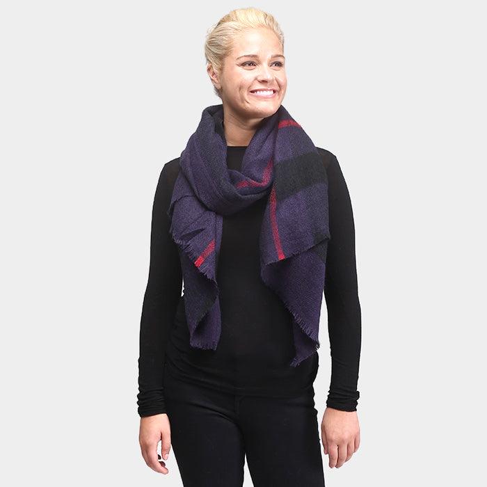 Navy Plaid Frayed End Oblong Scarf