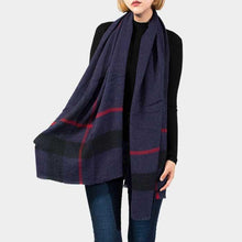 Load image into Gallery viewer, Navy Plaid Frayed End Oblong Scarf
