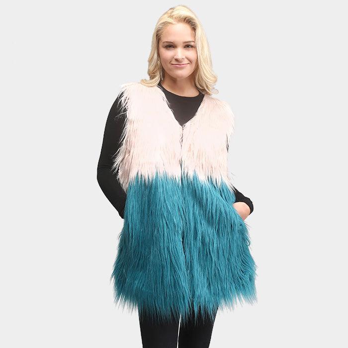 Pink Two Tone Faux Fur Side Pockets Hook Closure Vest - Jewelry Store by Erik Rayo