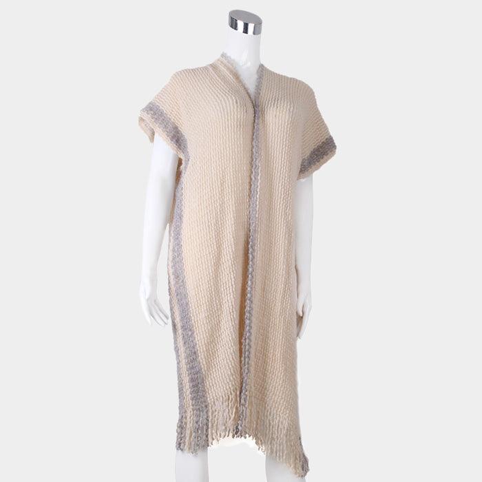 Beige Soft Knit Tassel Fringe Half Sleeves Poncho