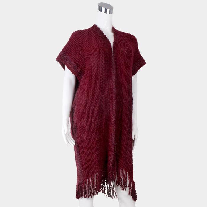 Burgundy Soft Knit Tassel Fringe Half Sleeve Poncho - Jewelry Store by Erik Rayo