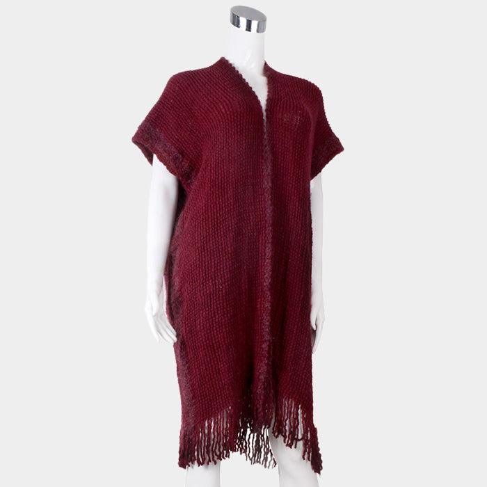 Burgundy Soft Knit Tassel Fringe Half Sleeve Poncho