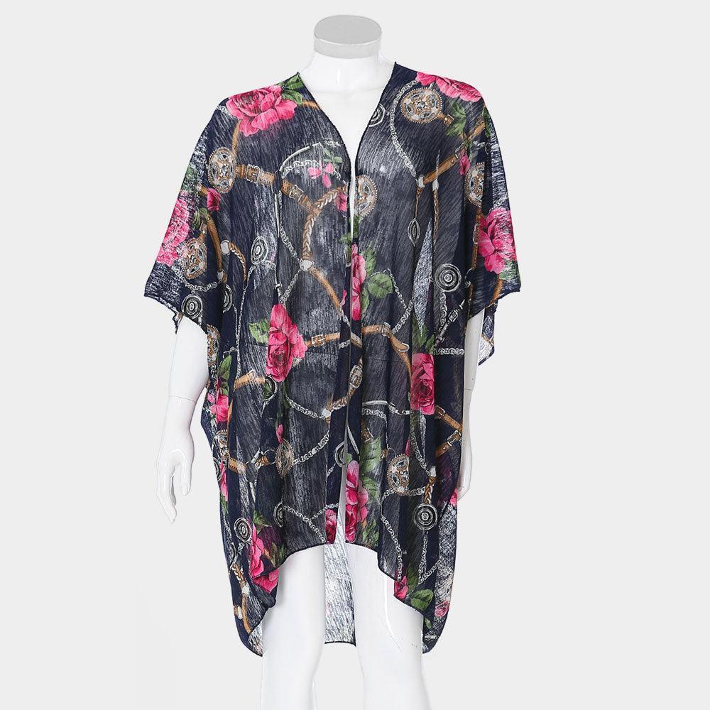 Navy Rose Flower Chain Print Cover Up Poncho - Jewelry Store by Erik Rayo
