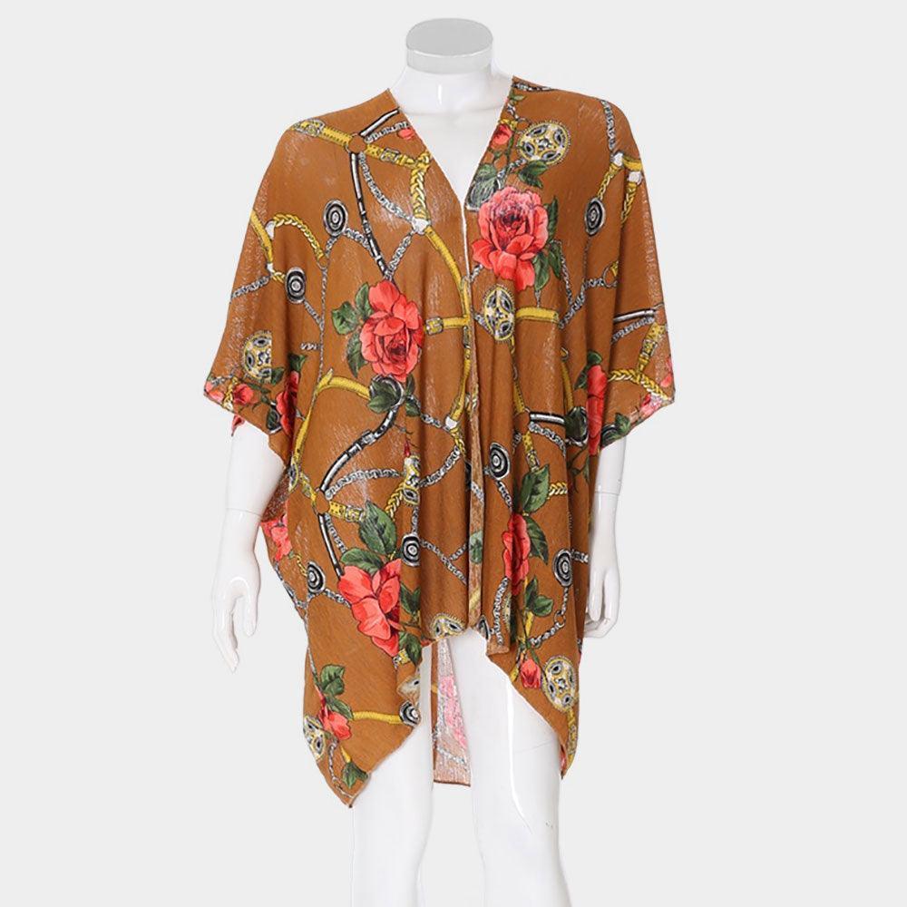 Tan Rose Flower Chain Print Cover Up Poncho - Jewelry Store by Erik Rayo