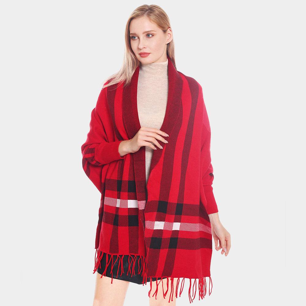 Red Plaid Check Patterned Poncho