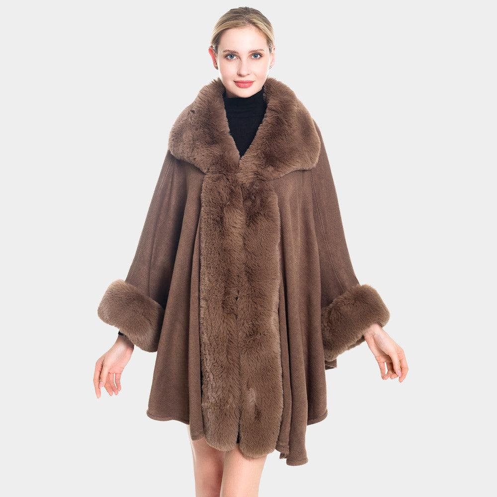 Khaki Faux Fur Trim Poncho