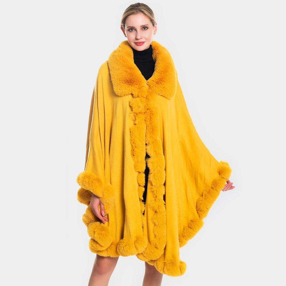 Mustard Faux Fur Trim Poncho