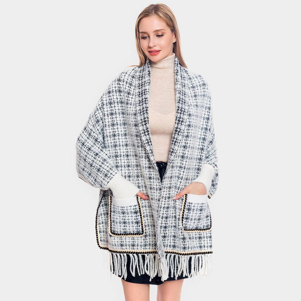 White Plaid Check Patterned Poncho - Jewelry Store by Erik Rayo