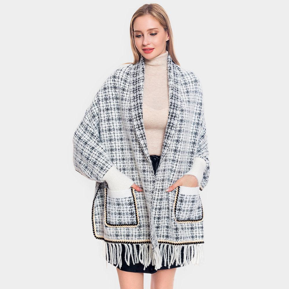 White Plaid Check Patterned Poncho