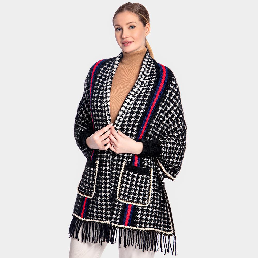 Black Houndstooth Patterned Poncho