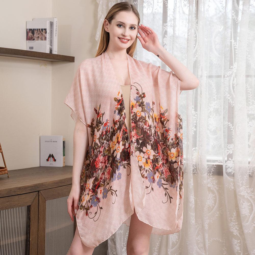 Pink Flower Patterned Cover Up Kimono Poncho