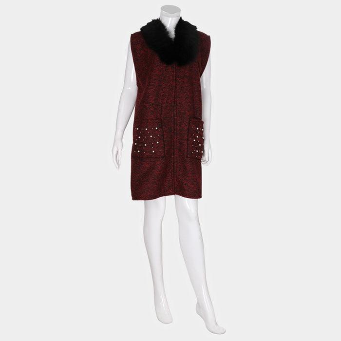 Burgundy Pearl Embellished Pockets Detail Faux Fur Collar Vest