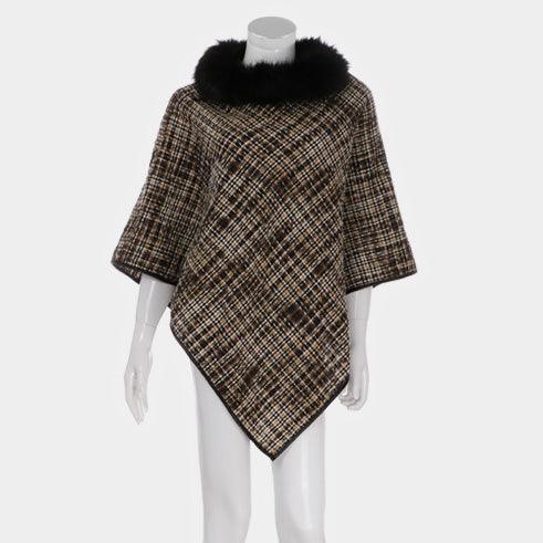 Olive Green Plaid Check Faux Fur Neck Detail Cape Poncho