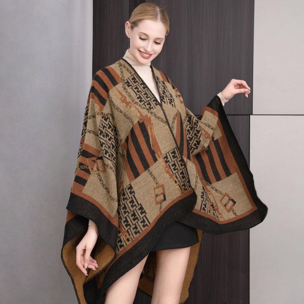 Brown Patterned Border Ruana Poncho - Jewelry Store by Erik Rayo