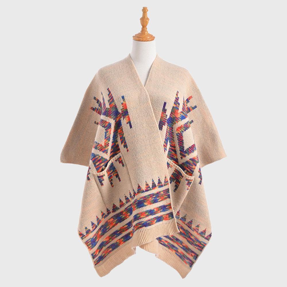 Beige Boho Patterned Front Pockets Poncho - Jewelry Store by Erik Rayo