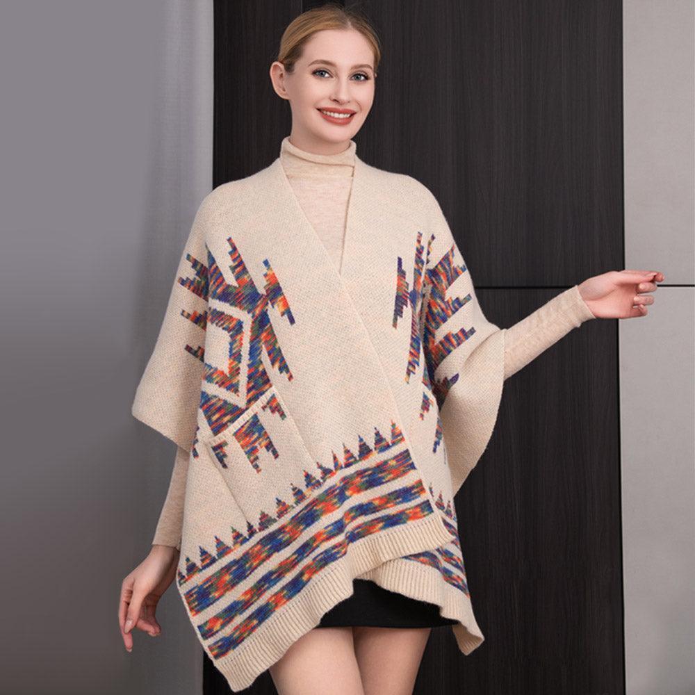 Beige Boho Patterned Front Pockets Poncho - Jewelry Store by Erik Rayo