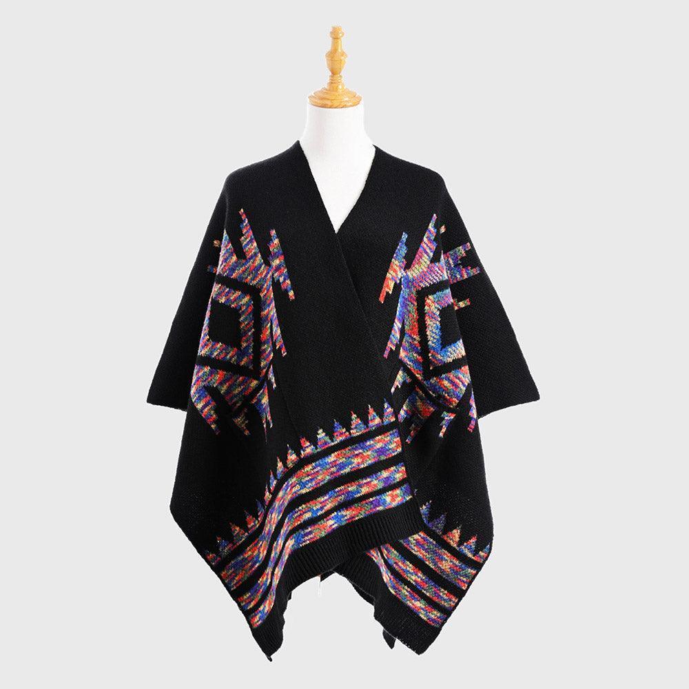 Black Boho Patterned Front Pockets Poncho - Jewelry Store by Erik Rayo