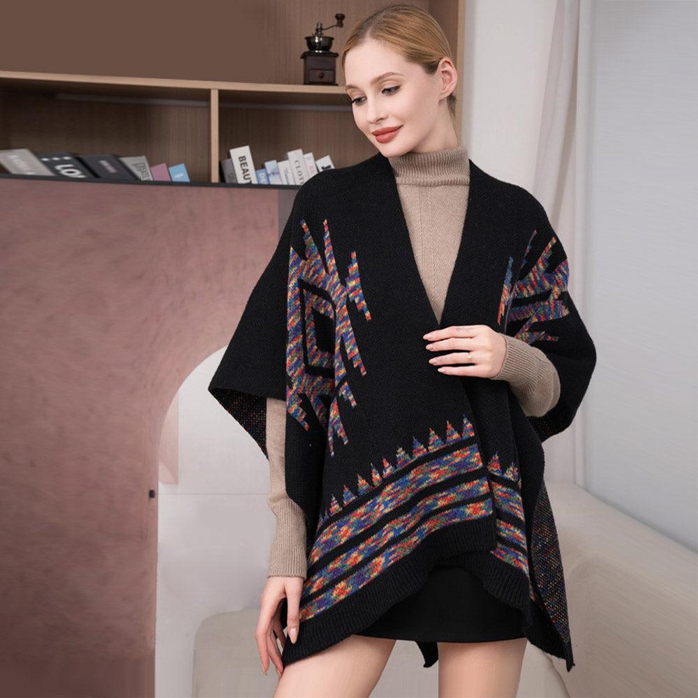 Black Boho Patterned Front Pockets Poncho