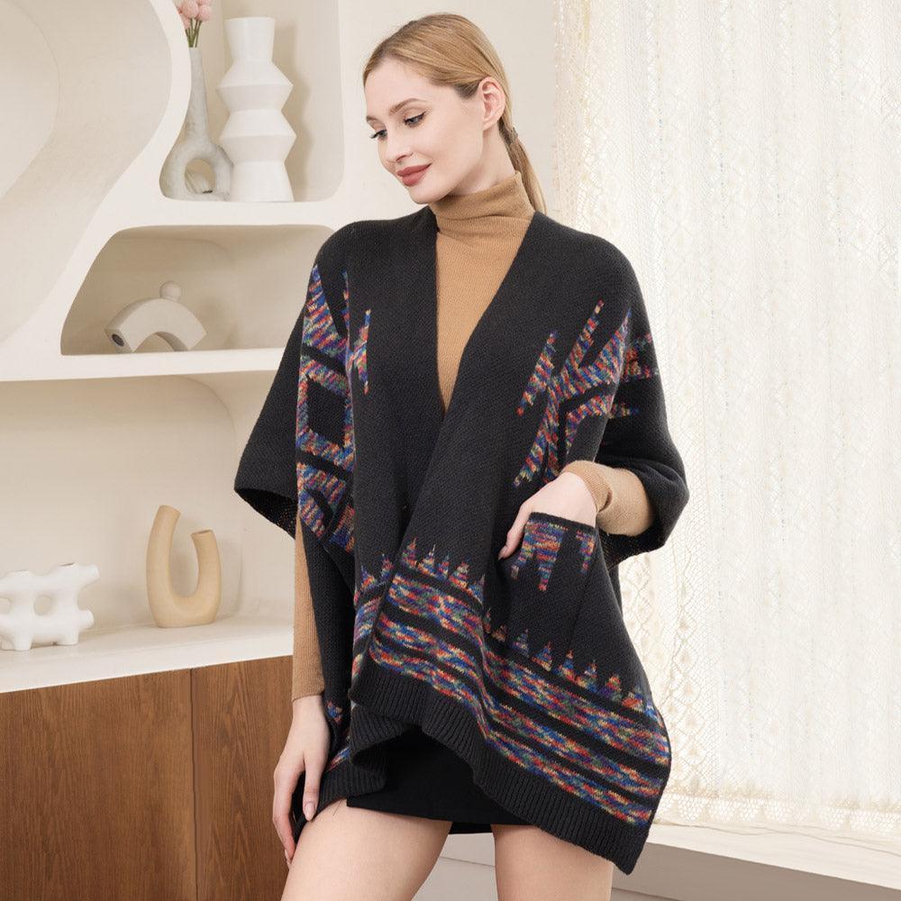 Gray Boho Patterned Front Pockets Poncho - Jewelry Store by Erik Rayo