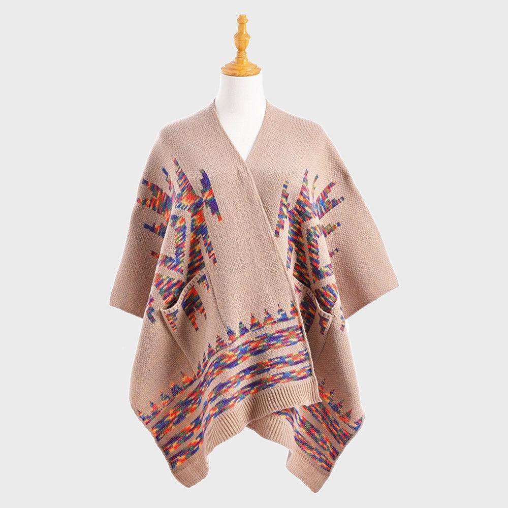 Khaki Boho Patterned Front Pockets Poncho - Jewelry Store by Erik Rayo