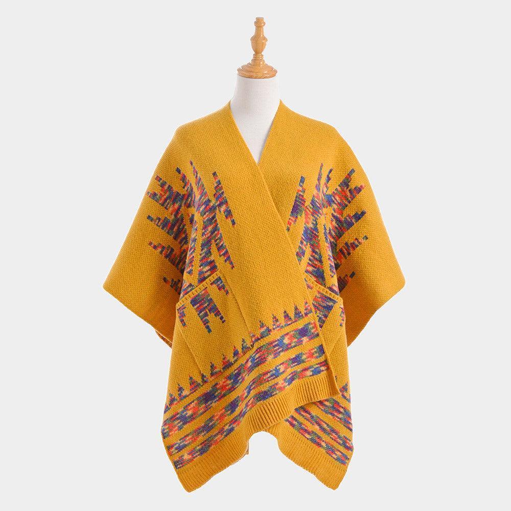 Mustard Boho Patterned Front Pockets Poncho - Jewelry Store by Erik Rayo
