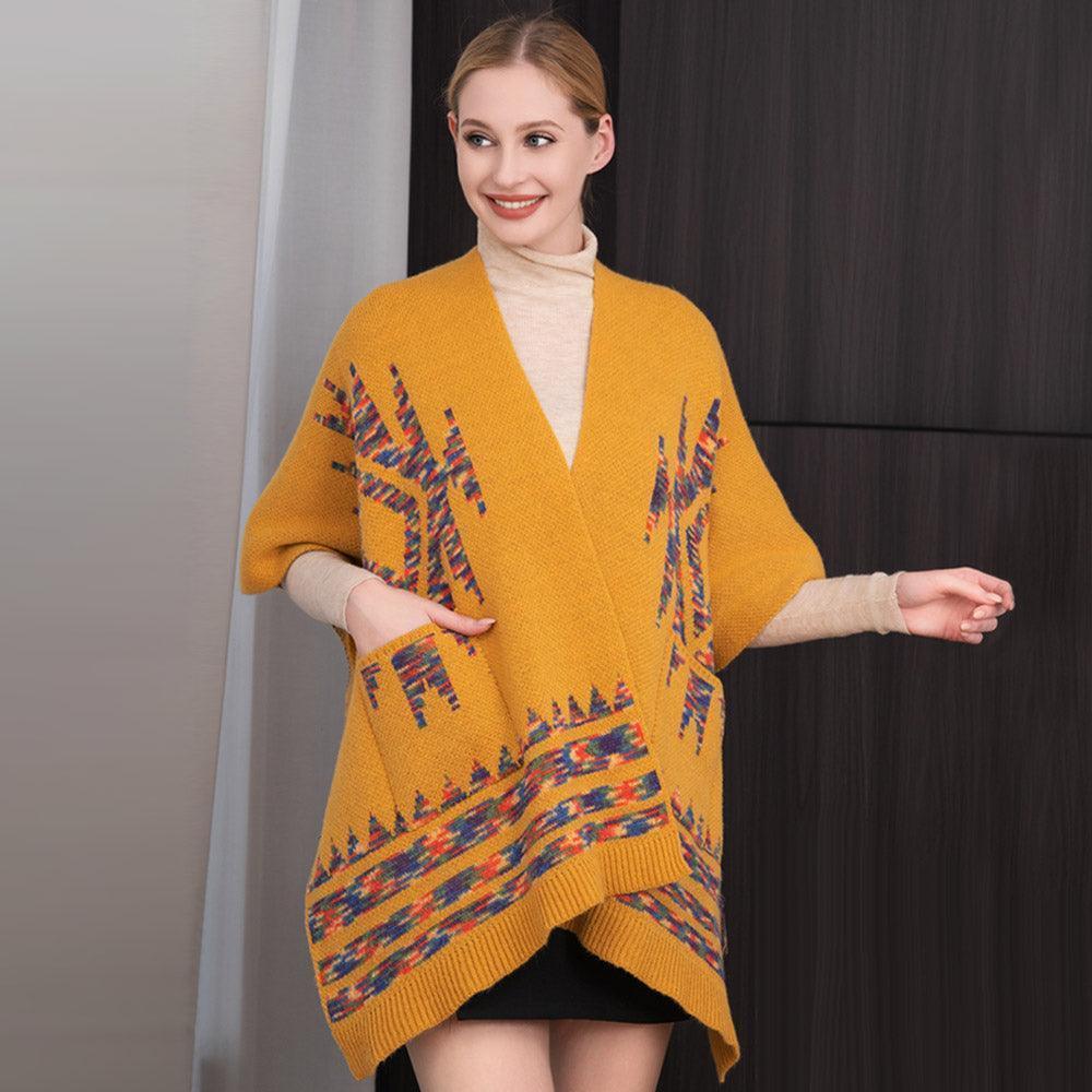 Mustard Boho Patterned Front Pockets Poncho - Jewelry Store by Erik Rayo