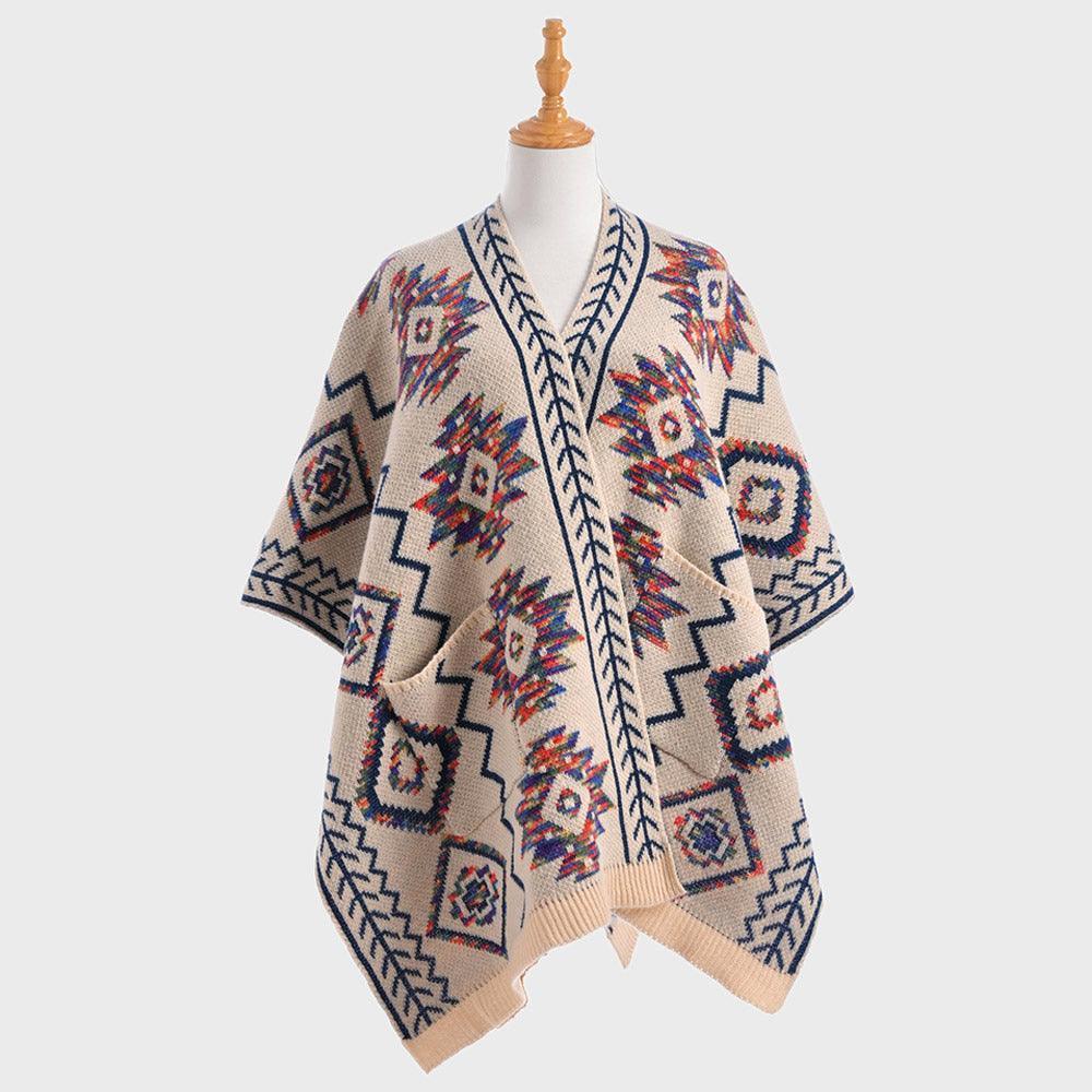 Beige Boho Patterned Front Pockets Poncho - Jewelry Store by Erik Rayo