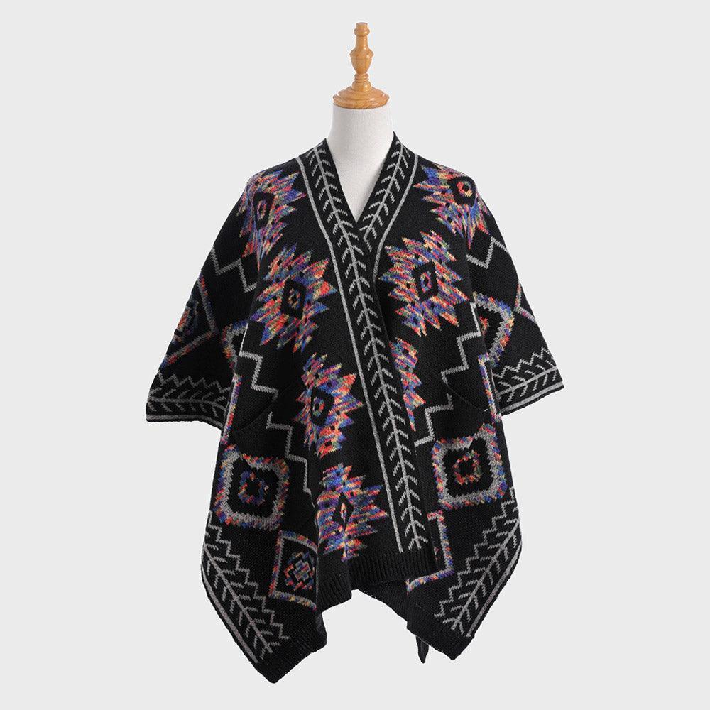 Black Boho Patterned Front Pockets Poncho - Jewelry Store by Erik Rayo