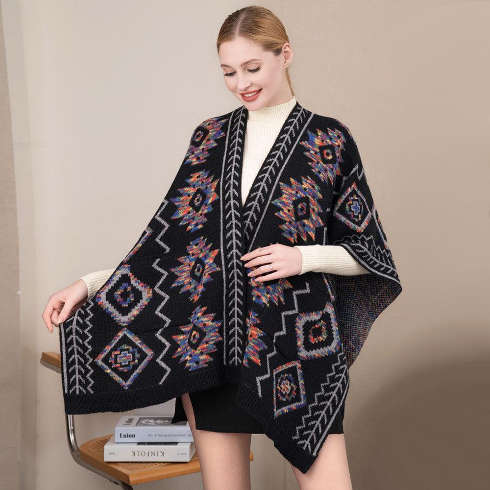 Black Boho Patterned Front Pockets Poncho - Jewelry Store by Erik Rayo