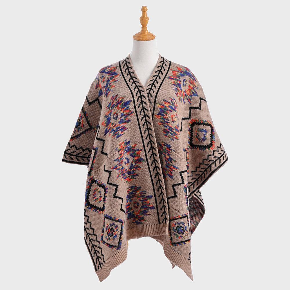 Khaki Boho Patterned Front Pockets Poncho - Jewelry Store by Erik Rayo
