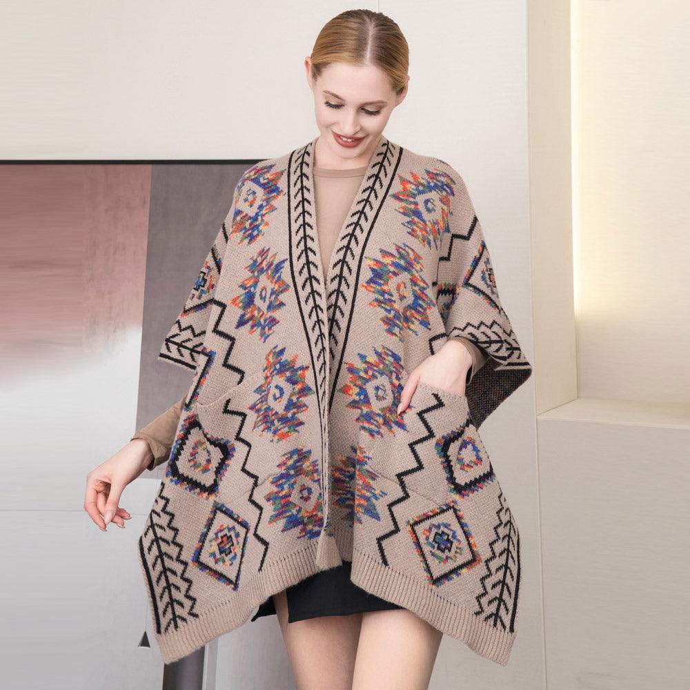 Khaki Boho Patterned Front Pockets Poncho - Jewelry Store by Erik Rayo