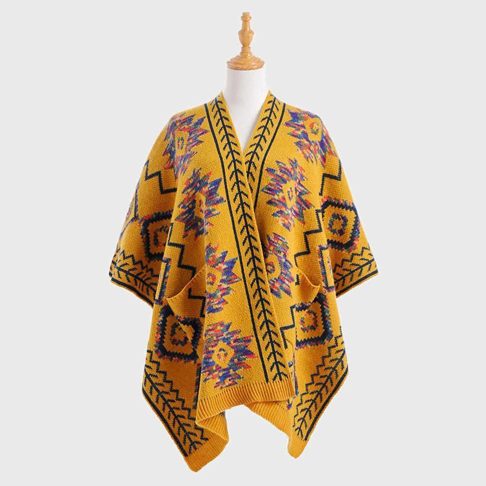 Mustard Boho Patterned Front Pockets Poncho - Jewelry Store by Erik Rayo