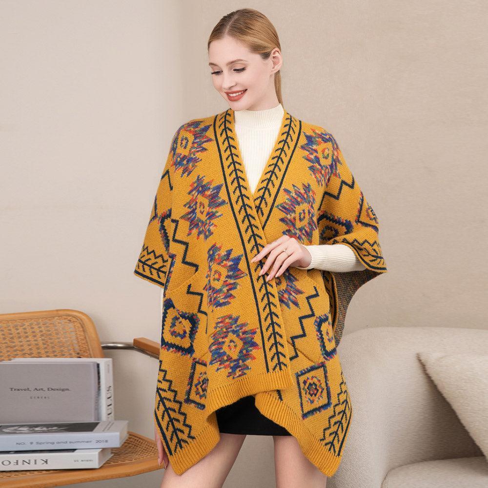 Mustard Boho Patterned Front Pockets Poncho - Jewelry Store by Erik Rayo