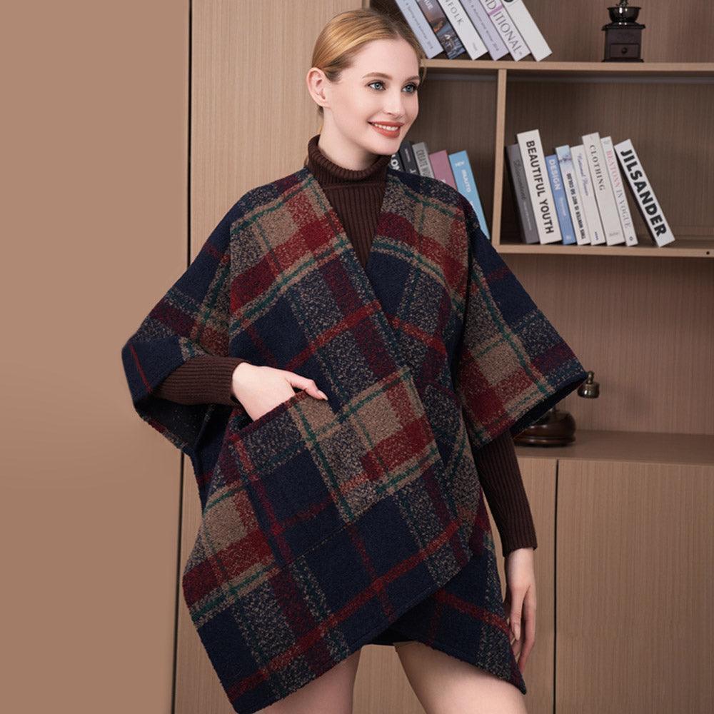 Navy Plaid Check Patterned Poncho - Jewelry Store by Erik Rayo