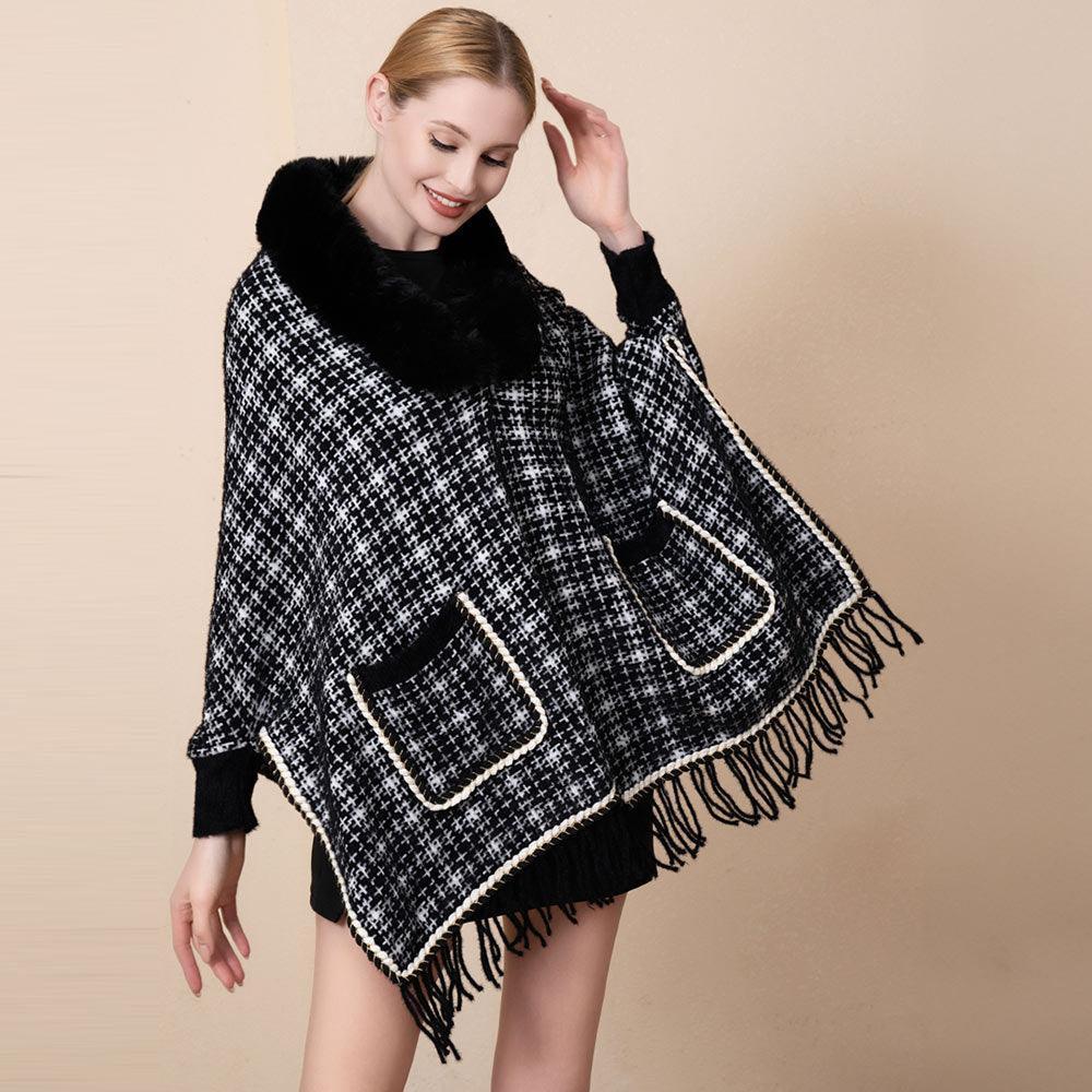 Black Faux Fur Trimmed Front Pockets Fringe Tweed Ruana Poncho - Jewelry Store by Erik Rayo