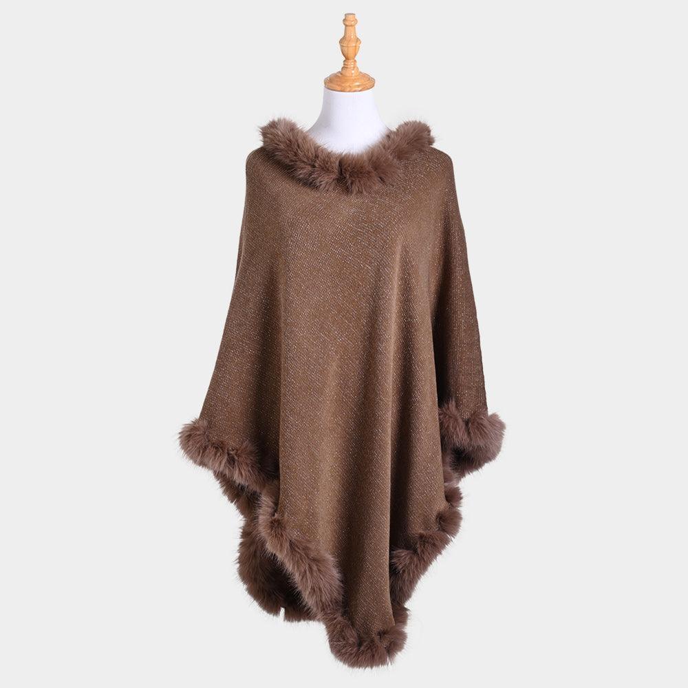 Khaki Faux Fur Trimmed Solid Poncho - Jewelry Store by Erik Rayo