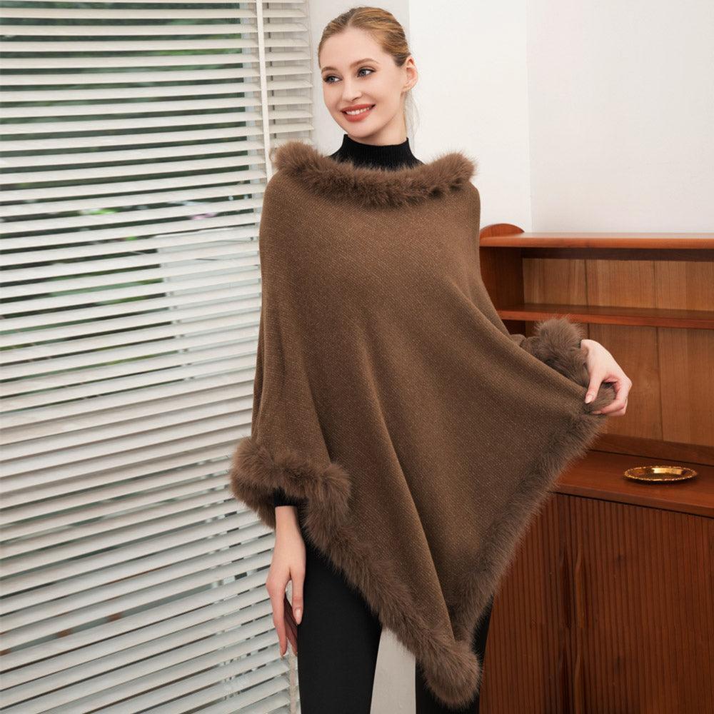 Khaki Faux Fur Trimmed Solid Poncho - Jewelry Store by Erik Rayo