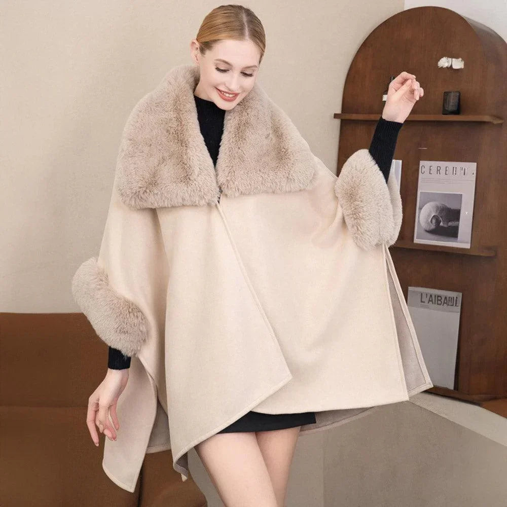 Beige Faux Fur Trimmed Solid Ruana Poncho - Jewelry Store by Erik Rayo