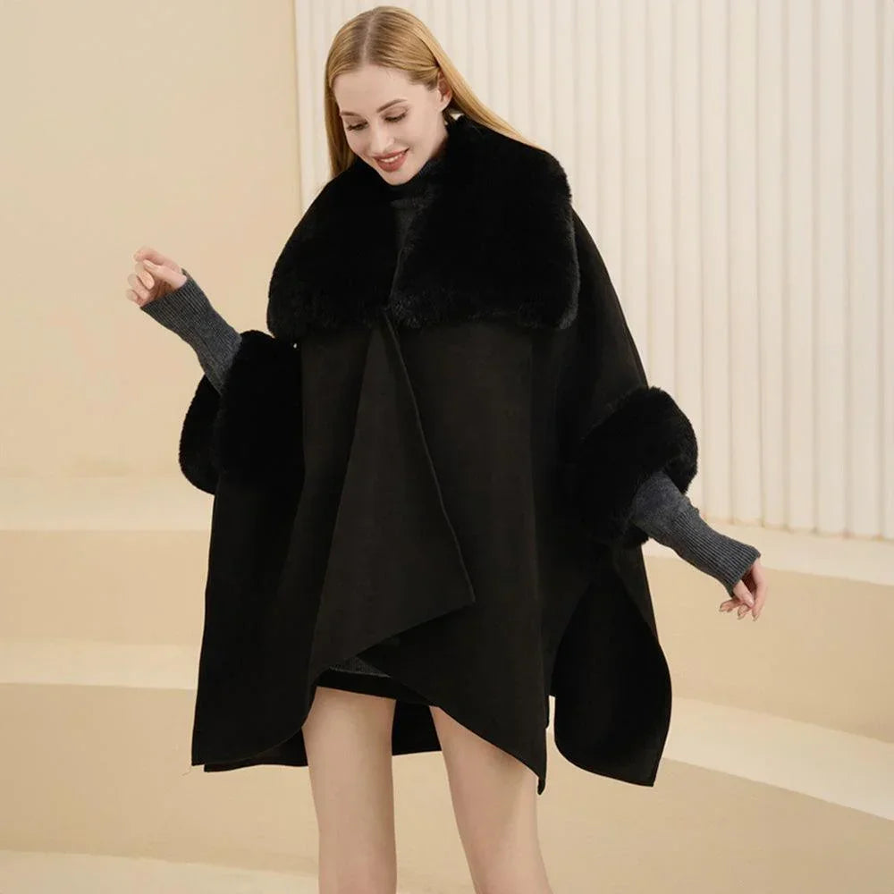 Black Faux Fur Trimmed Solid Ruana Poncho - Jewelry Store by Erik Rayo