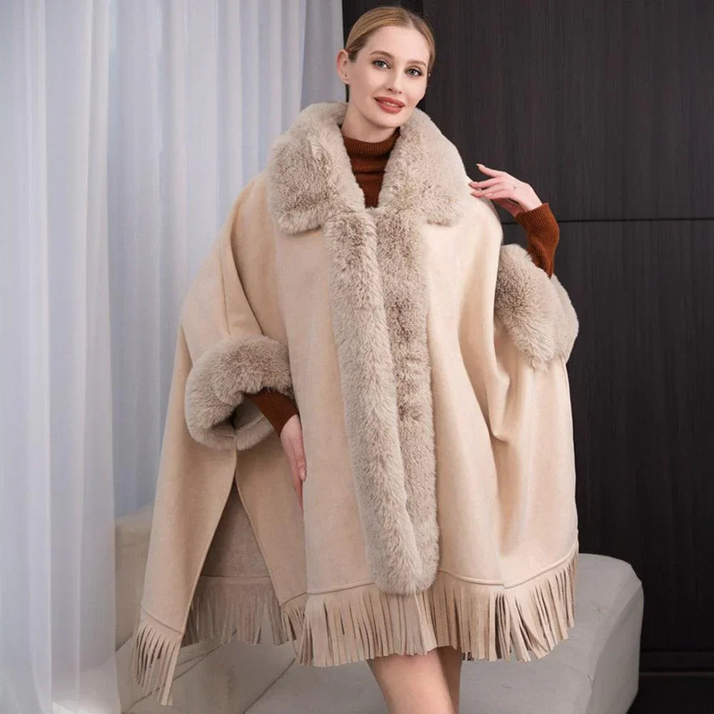 Beige Faux Fur Trimmed Solid Fringe Ruana Poncho - Jewelry Store by Erik Rayo