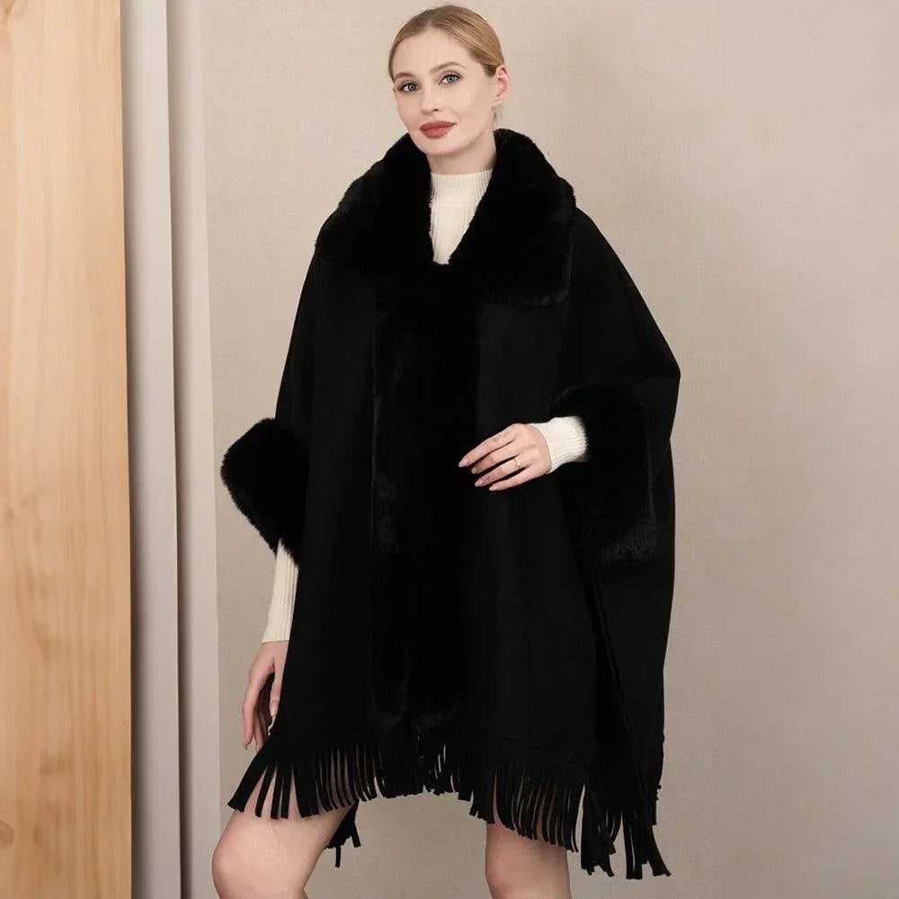 Black Faux Fur Trimmed Solid Fringe Ruana Poncho