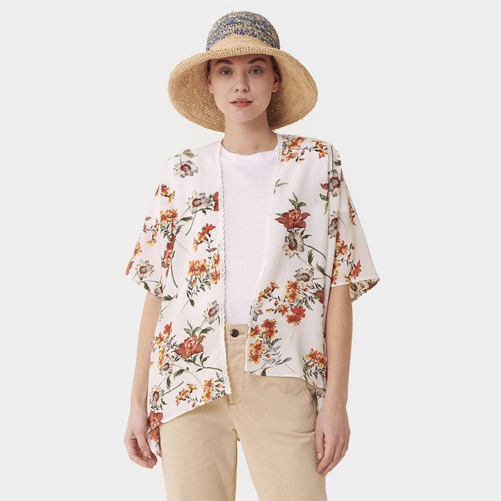Ivory Floral Print Lace Trim Kimono Poncho - Jewelry Store by Erik Rayo