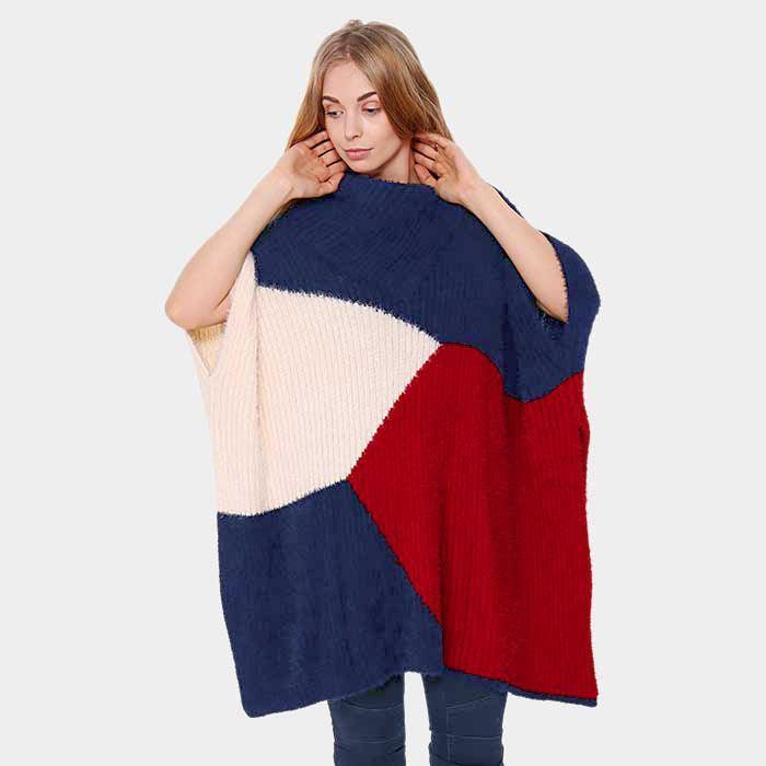 Navy Very Soft Big Block Furry Ruana Poncho - Jewelry Store by Erik Rayo