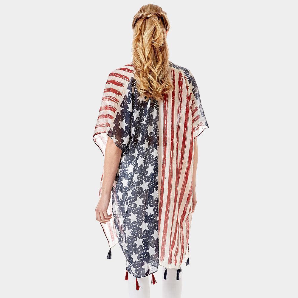 Navy American Flag Printed Tassel Poncho - Jewelry Store by Erik Rayo