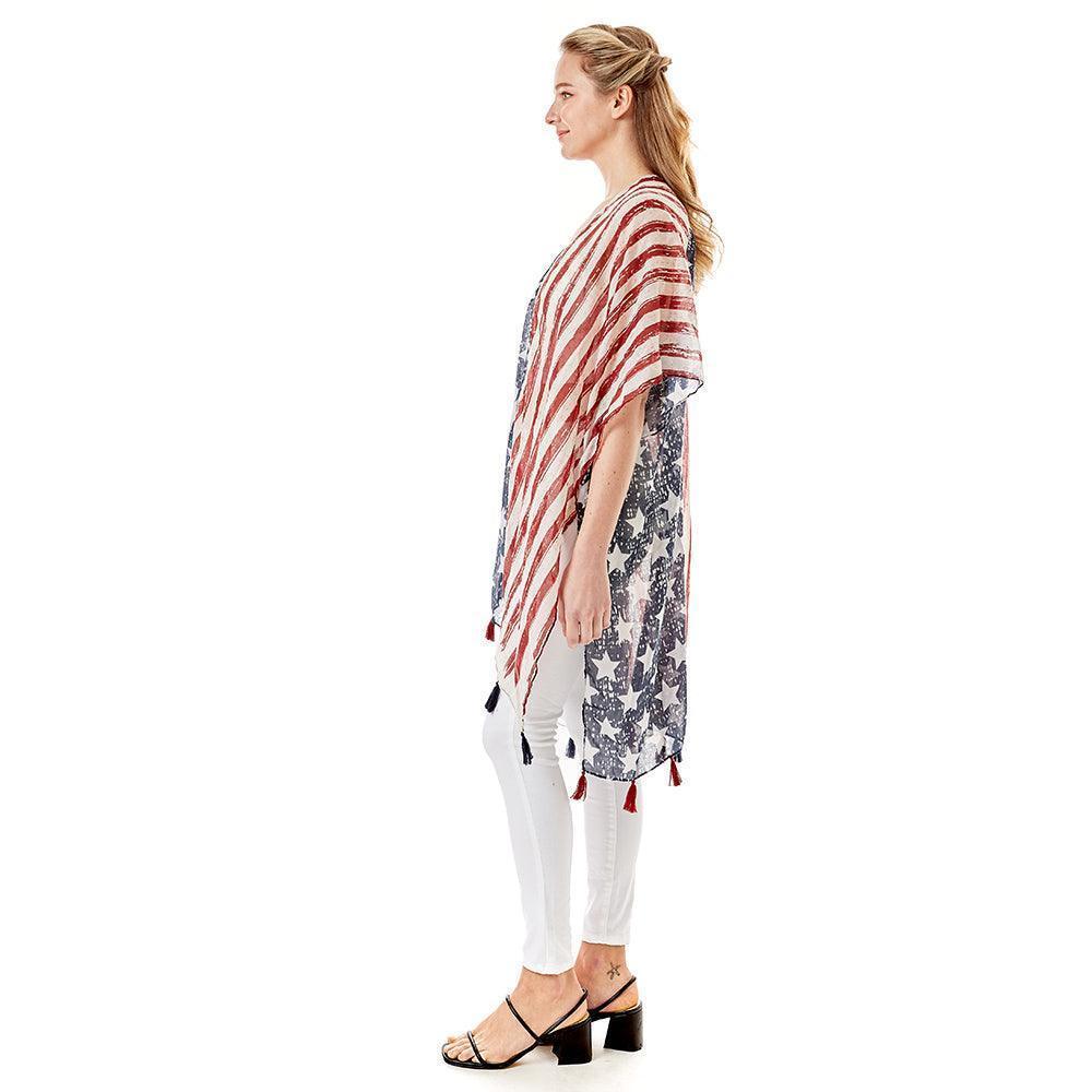 Navy American Flag Printed Tassel Poncho - Jewelry Store by Erik Rayo