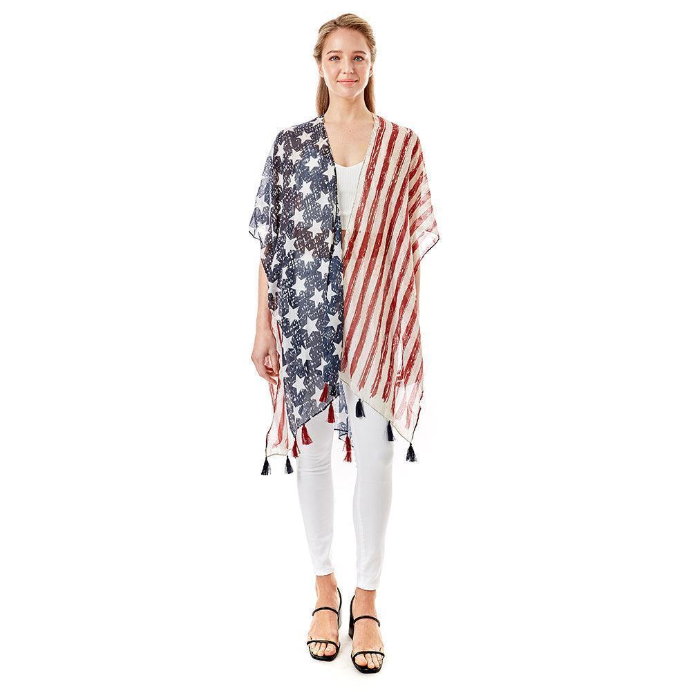 Navy American Flag Printed Tassel Poncho - Jewelry Store by Erik Rayo